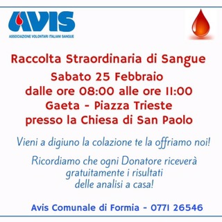 Sabato 25 febbraio dona il sangue: Avis a Gaeta in Piazza Trieste