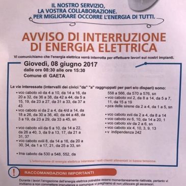 Gaeta: interruzione energia elettrica Giovedì 8 giugno. Ecco le zone