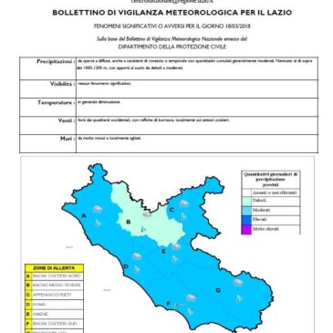 Protezione Civile: Allerta meteo sul Lazio per 18 ore